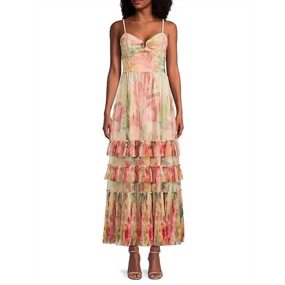 NEW HUTCH elliott ruffled printed tulle sweetheart gown in taupe overlay tropica